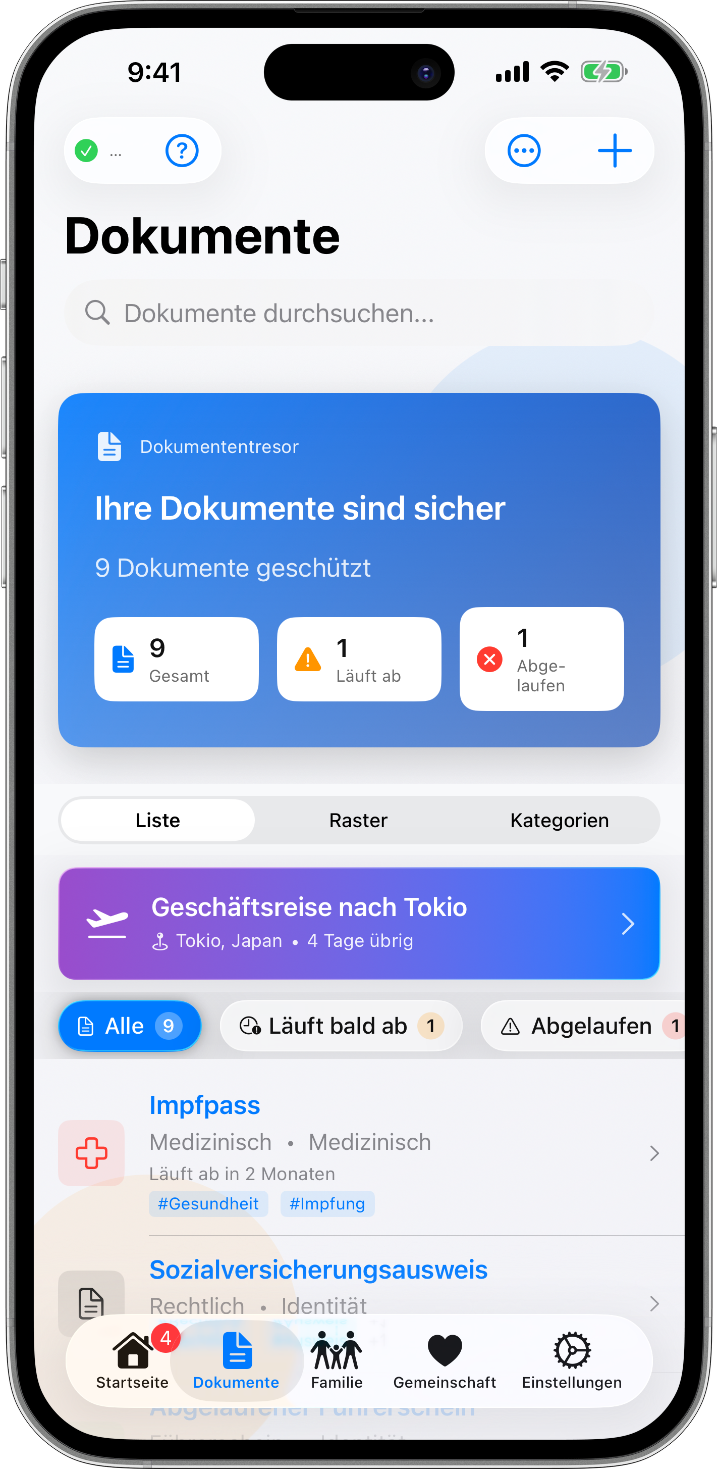 Dokumenten-Dashboard mit Familientresor-Übersicht
