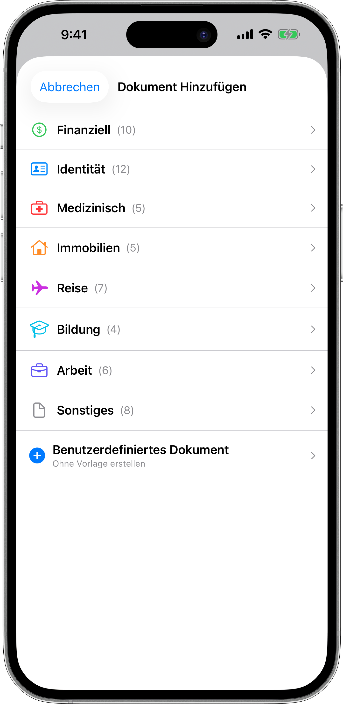 Dokument mit Vorlagen hinzufügen