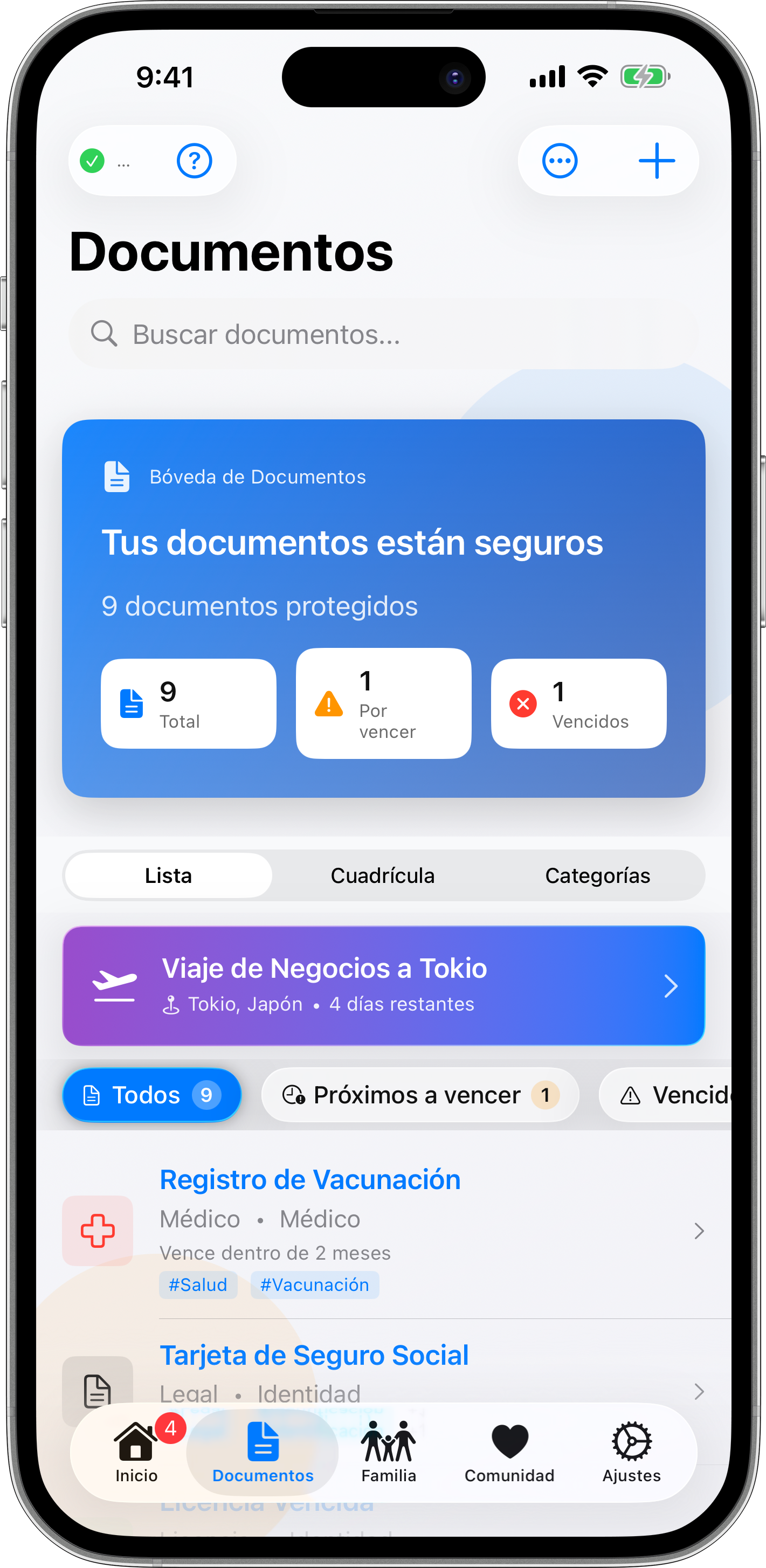 Panel de documentos mostrando vista general del archivo familiar