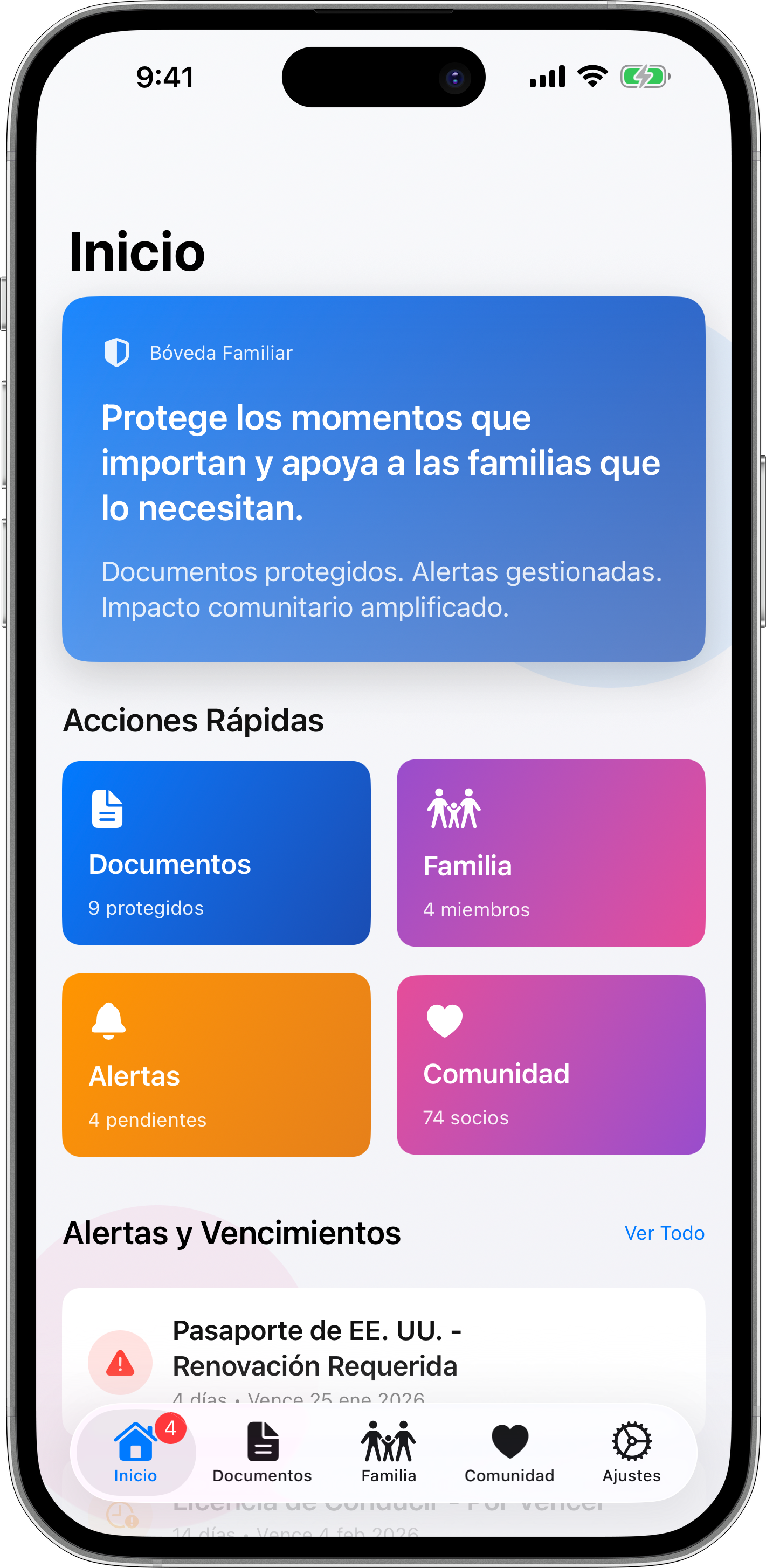 Home screen showing alerts and notifications