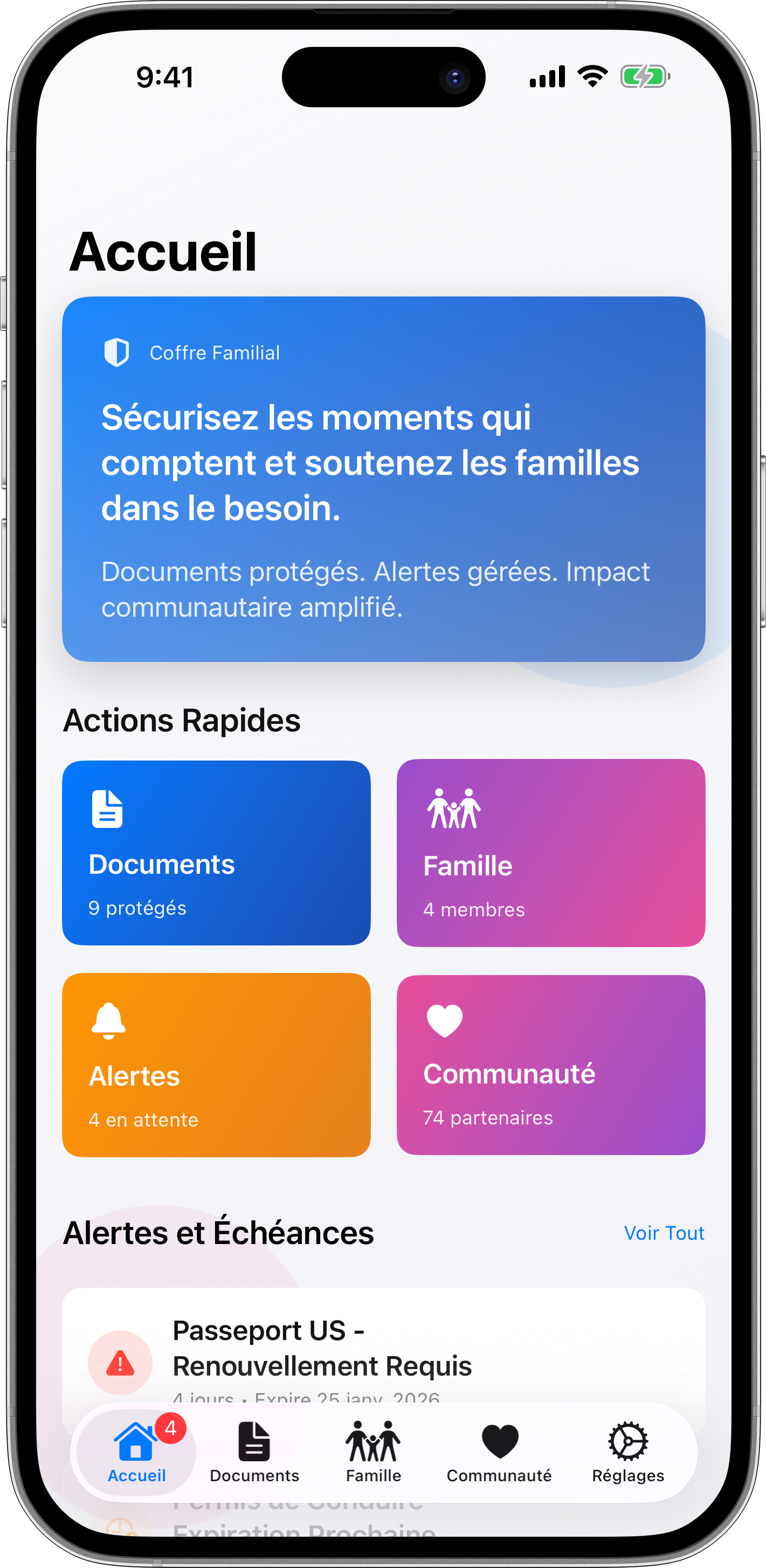 Home screen showing alerts and notifications