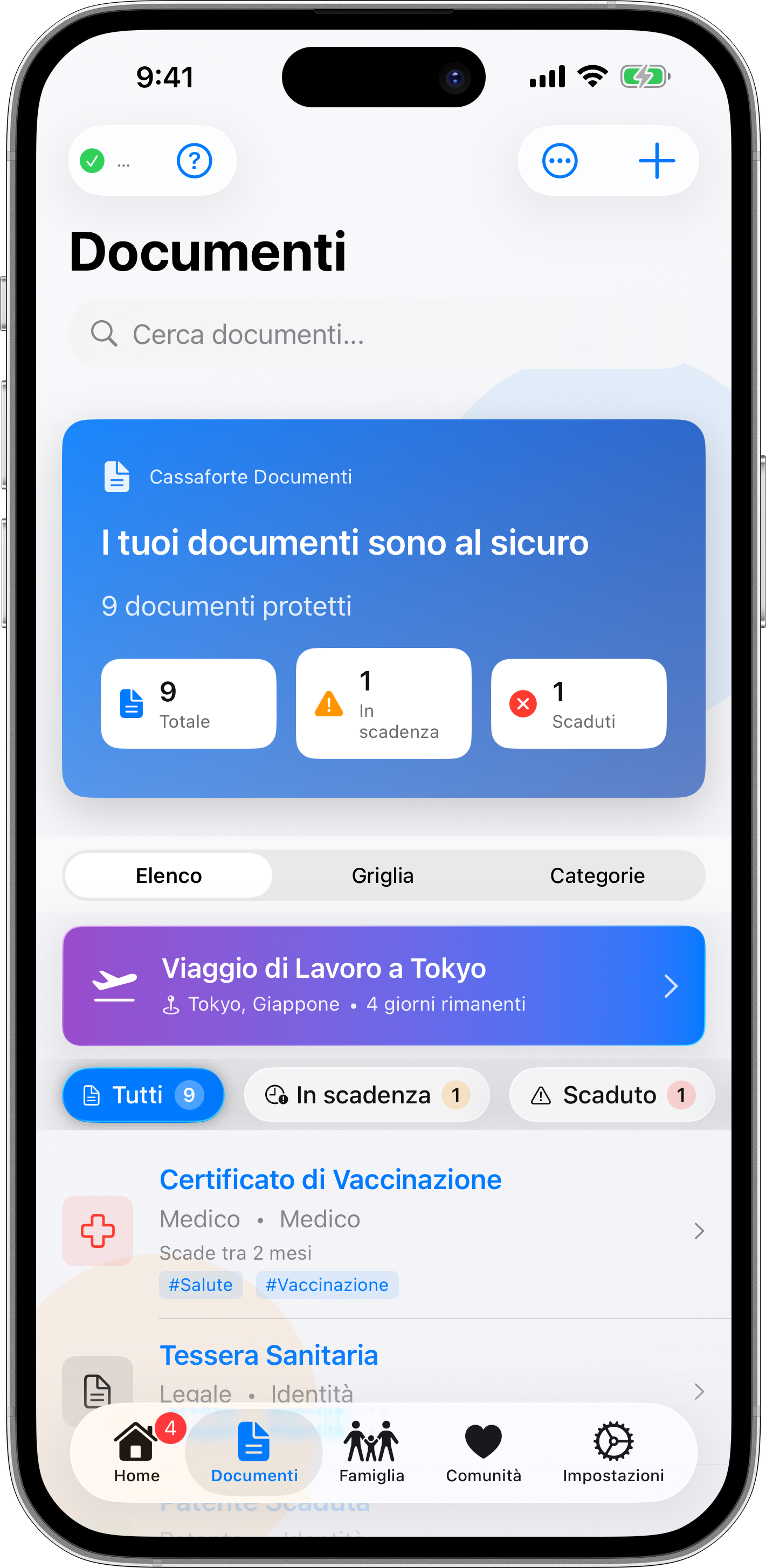Dashboard documenti che mostra panoramica del vault familiare