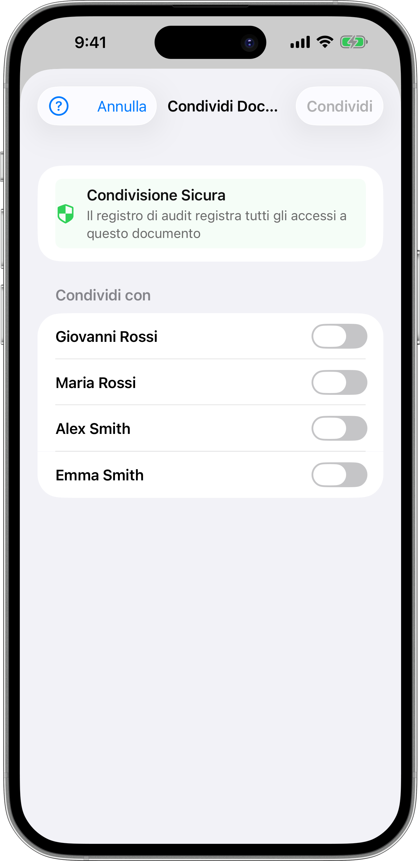 Opzioni di condivisione documenti