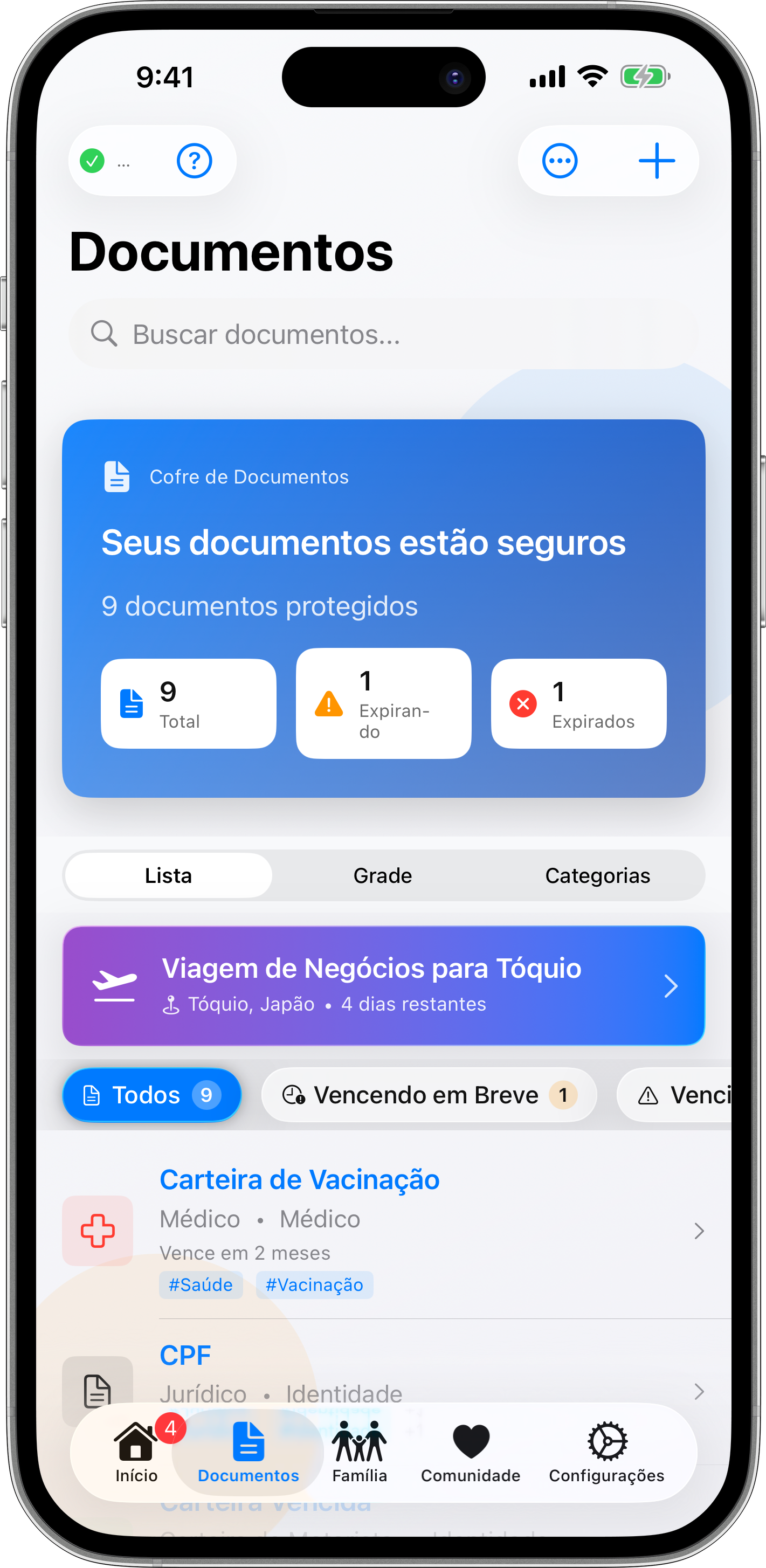 Painel de documentos mostrando visão geral do cofre familiar