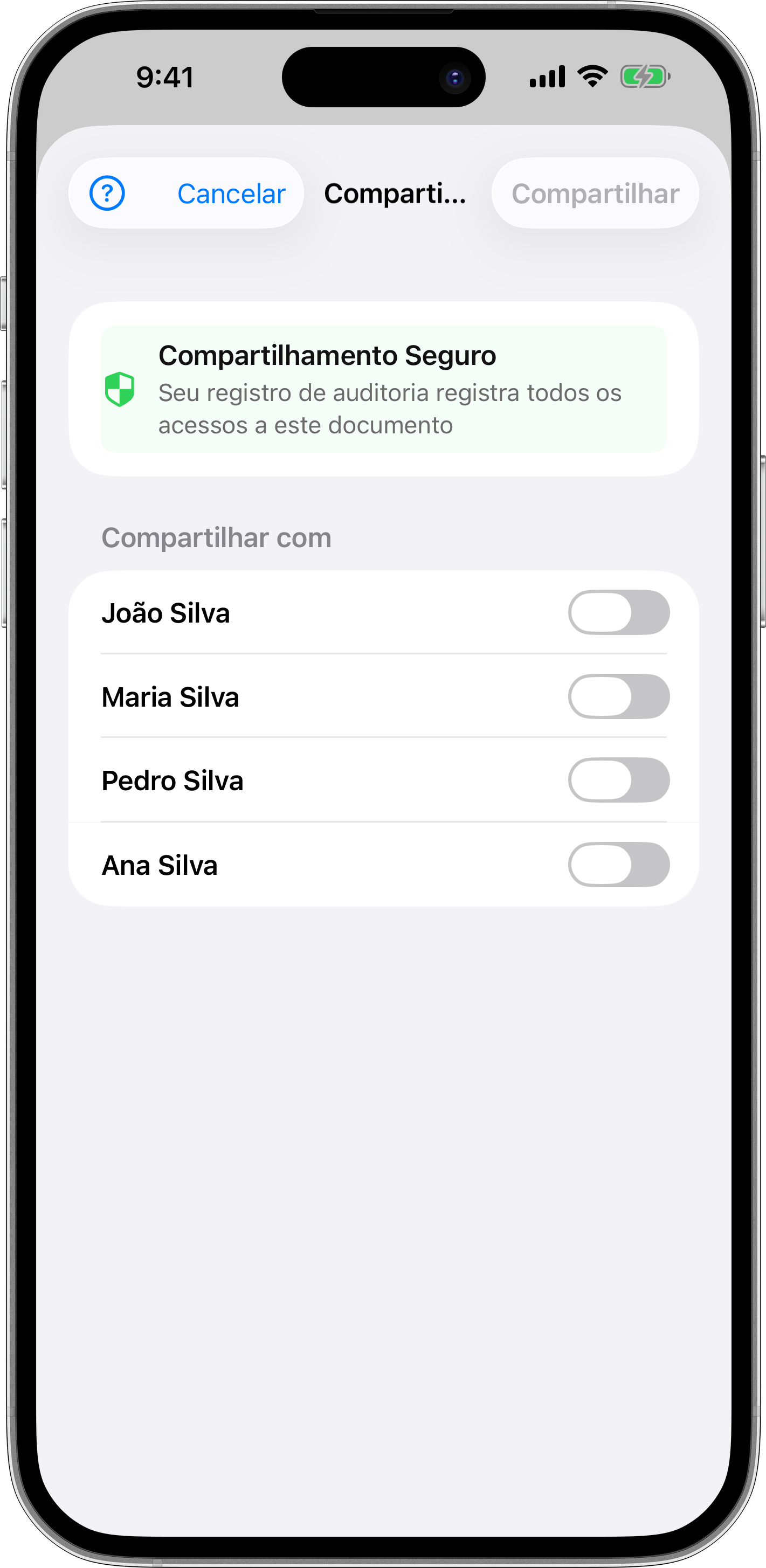 Opções de compartilhamento de documentos