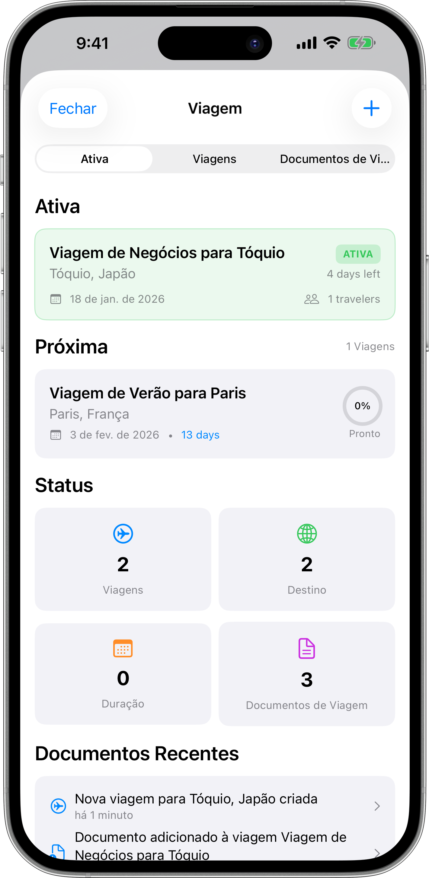 Recursos de gerenciamento de viagens