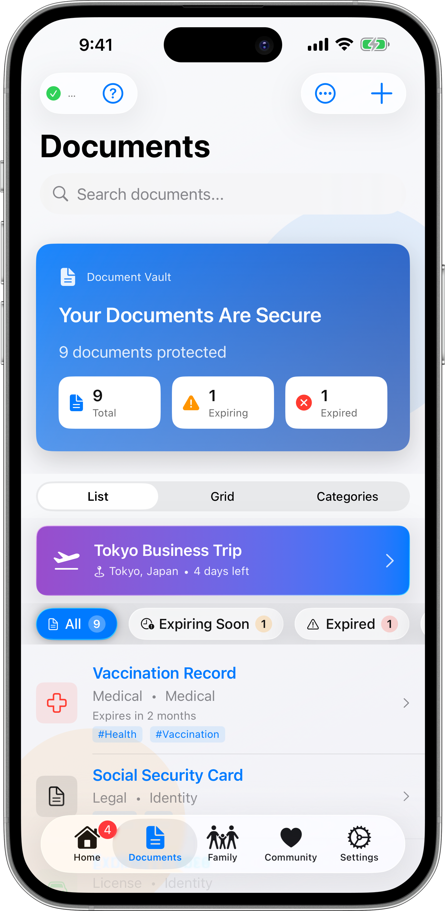 Document dashboard showing family vault overview