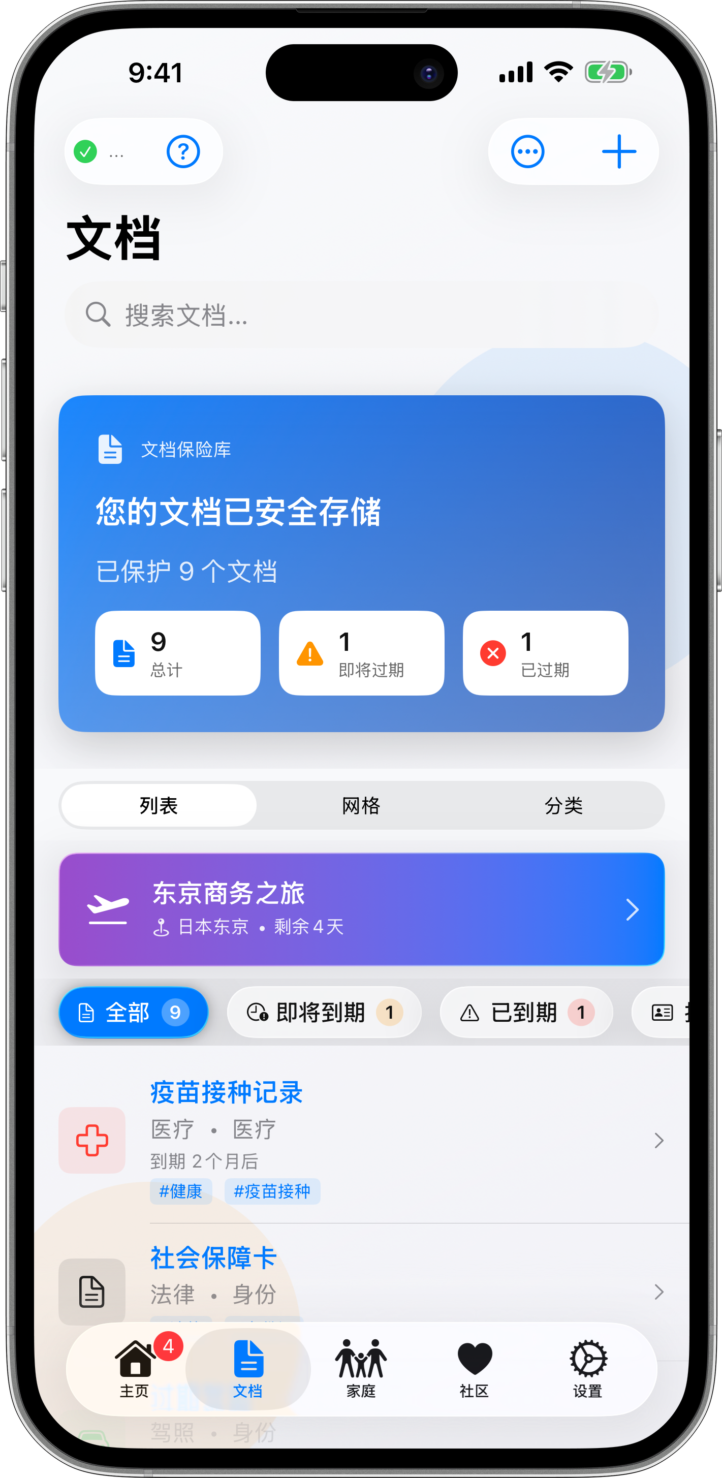 显示家庭保管库概览的文档仪表板